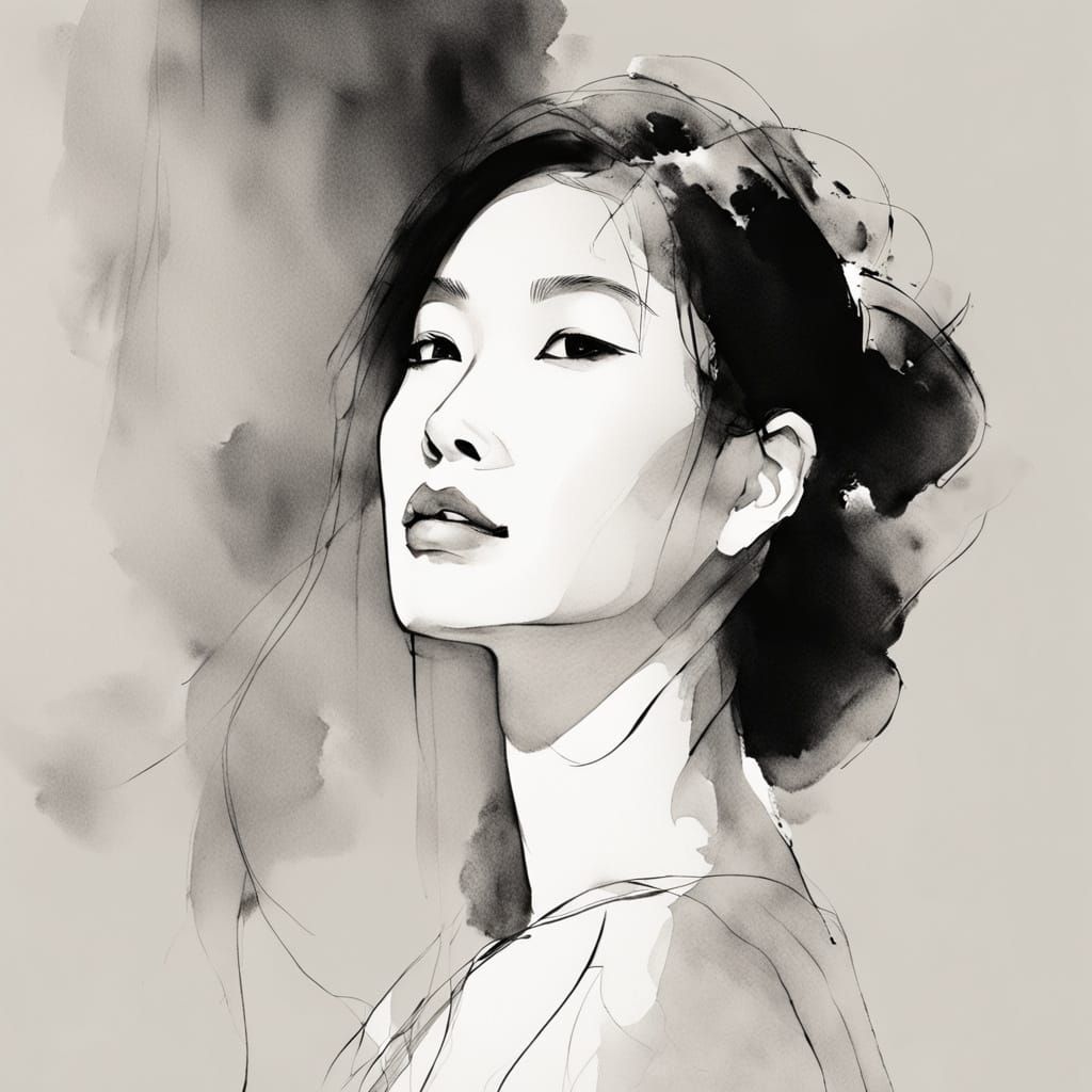 Elegant Asian Woman: Minimalist Ink Sketch
