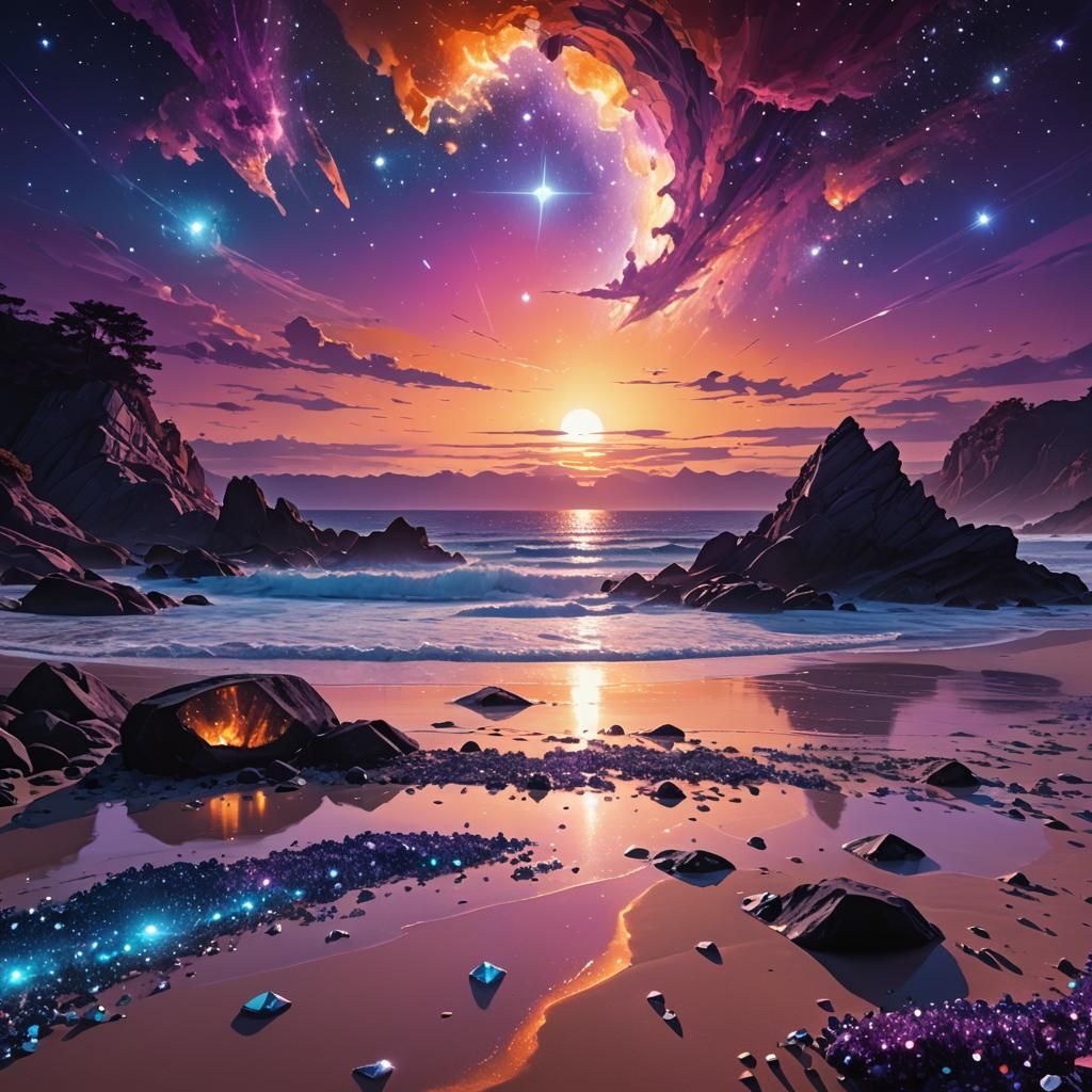 Galactic Sunset on Crystal Beach: A Digital Illustration