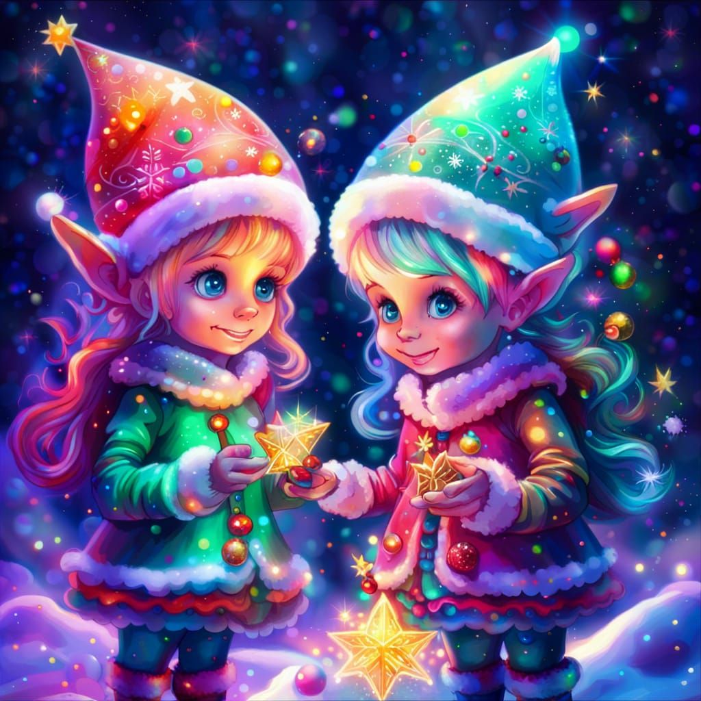 Cute Christmas Elves Doing Magic