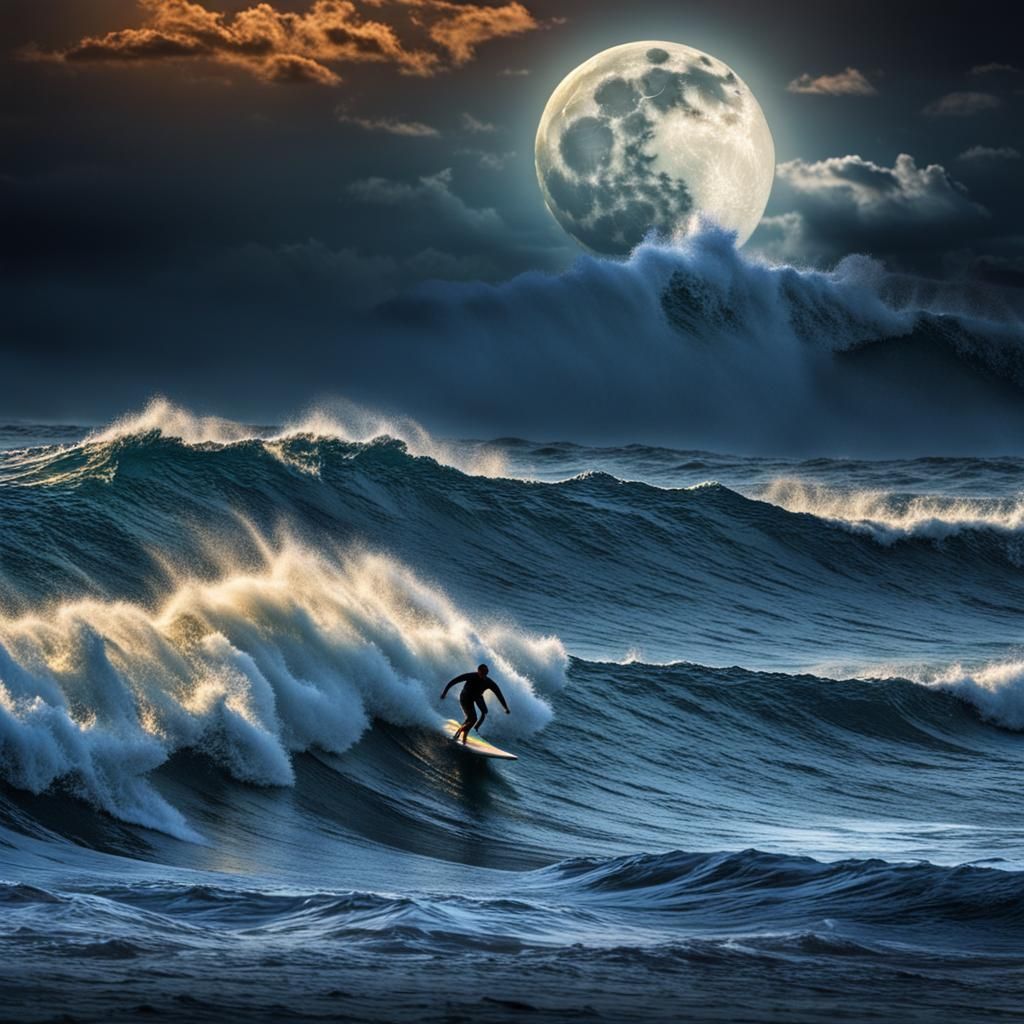 Surfing Ocean Waves Under Full Moon in HDR