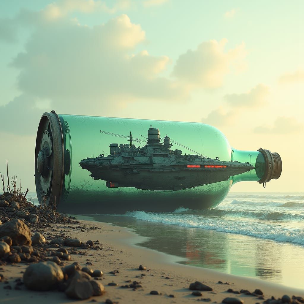 Battleship in a Bottle on Bleached Shore