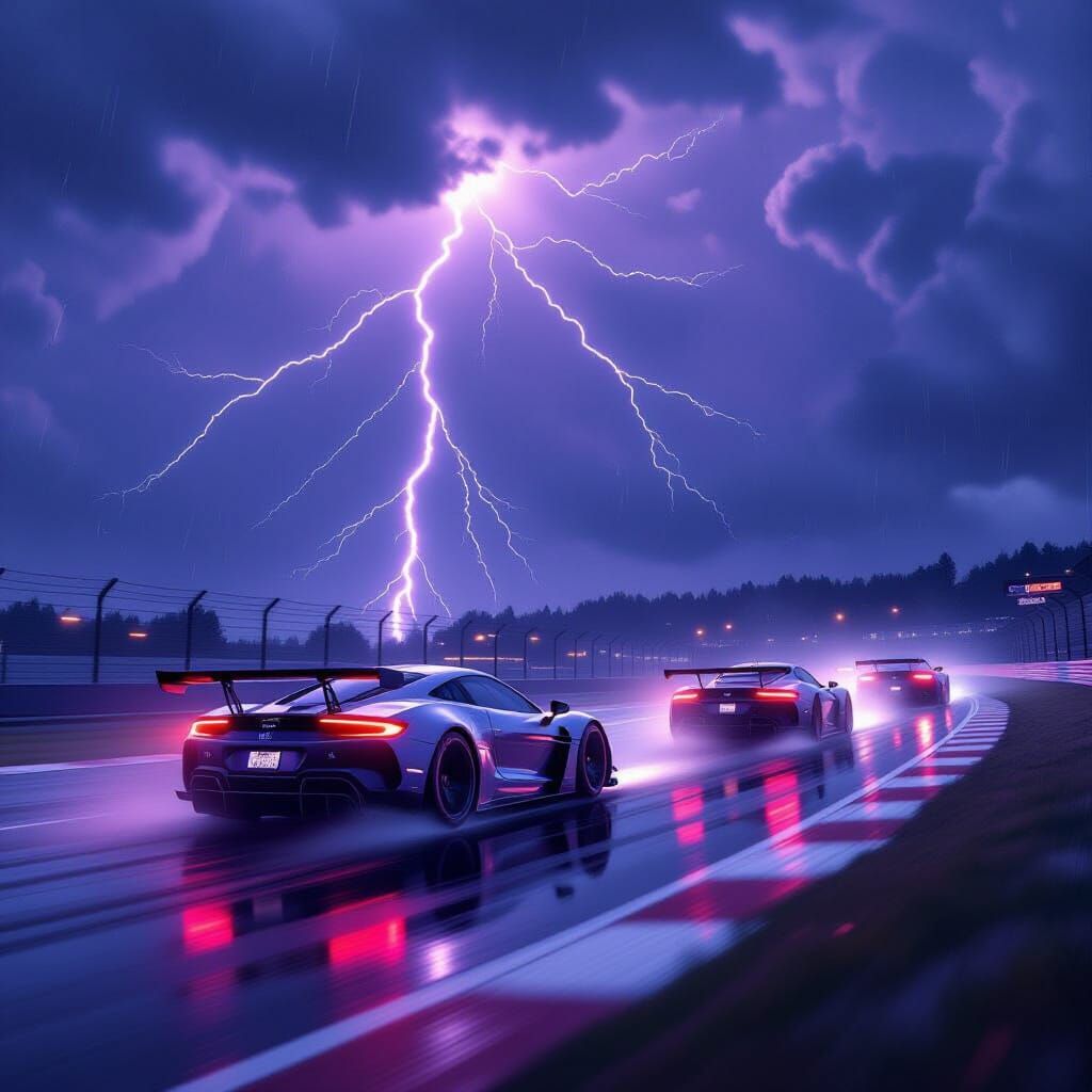 Sportscars Race Through Storm with Purple Lightning