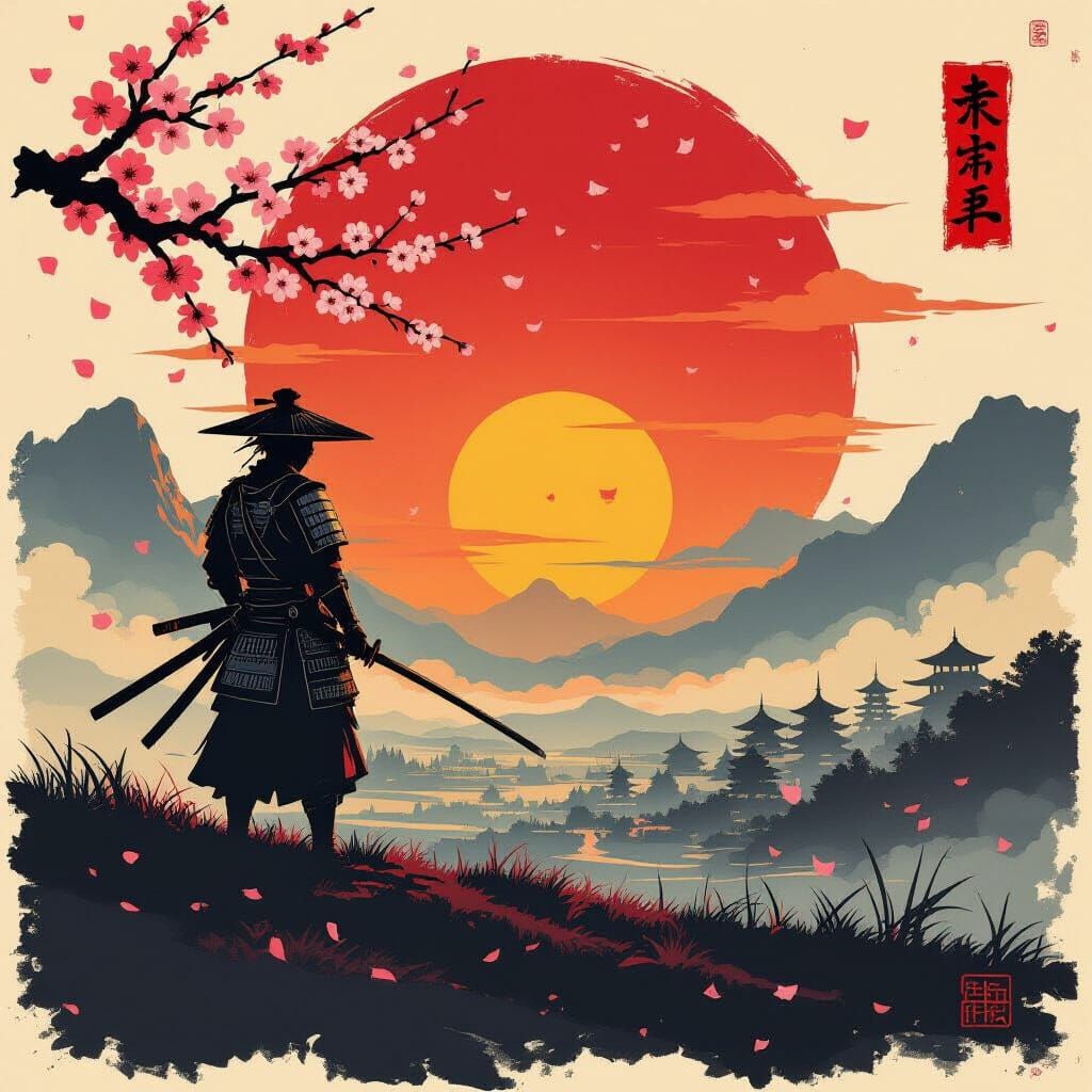 Lone Samurai at Fiery Sunset Battlefield