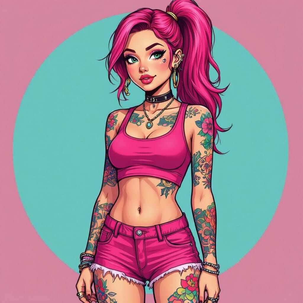 Pink-Haired Emo Girl with Piercings, in Pop Art