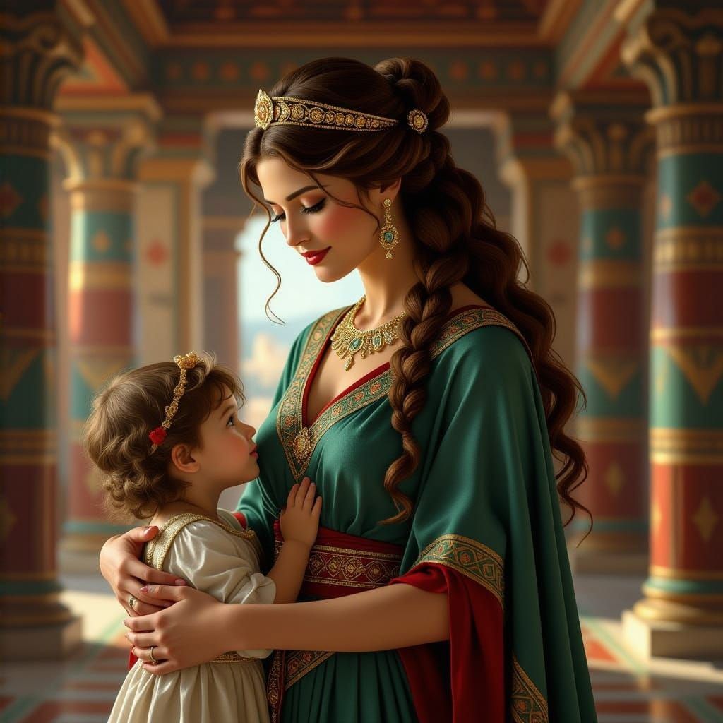 Etruscan Goddess Letun Tends to Her Child in Ancient Palace