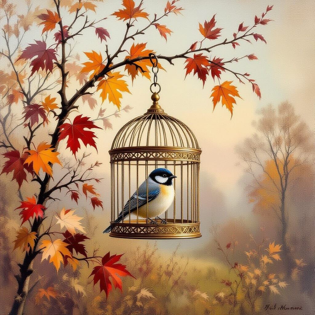 Ethereal Oil Painting of Birdcage on Autumn Tree Branch