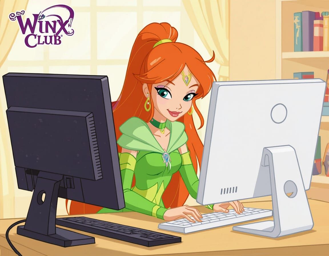 Techna from Winx Club at Computer, Cartoon Style