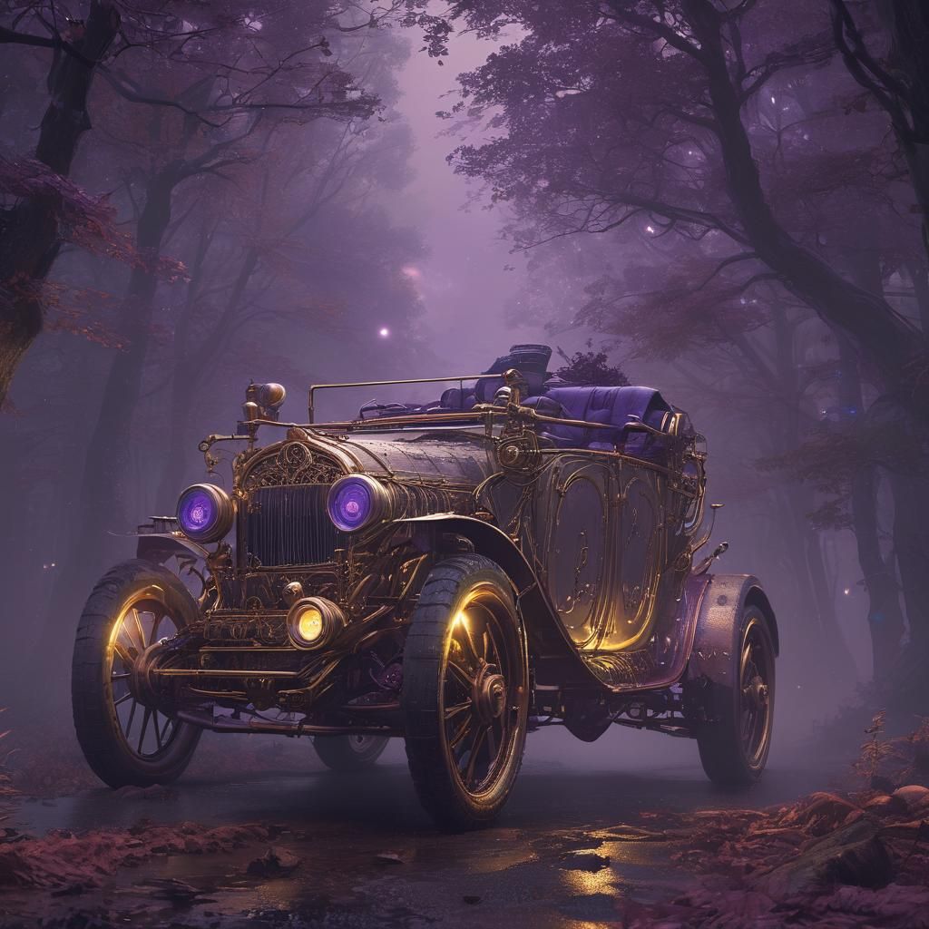 Steampunk Car in Misty Forest, Dark Fantasy Art