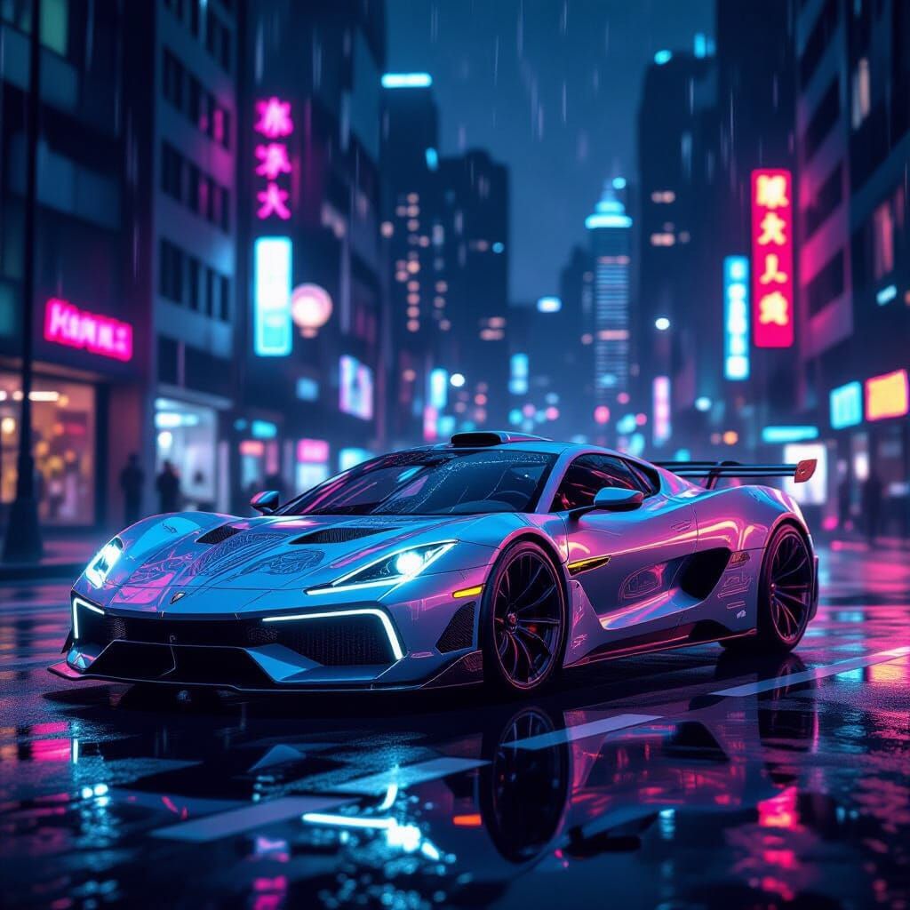 Futuristic Art Deco Sports Car in Neon Dystopian City