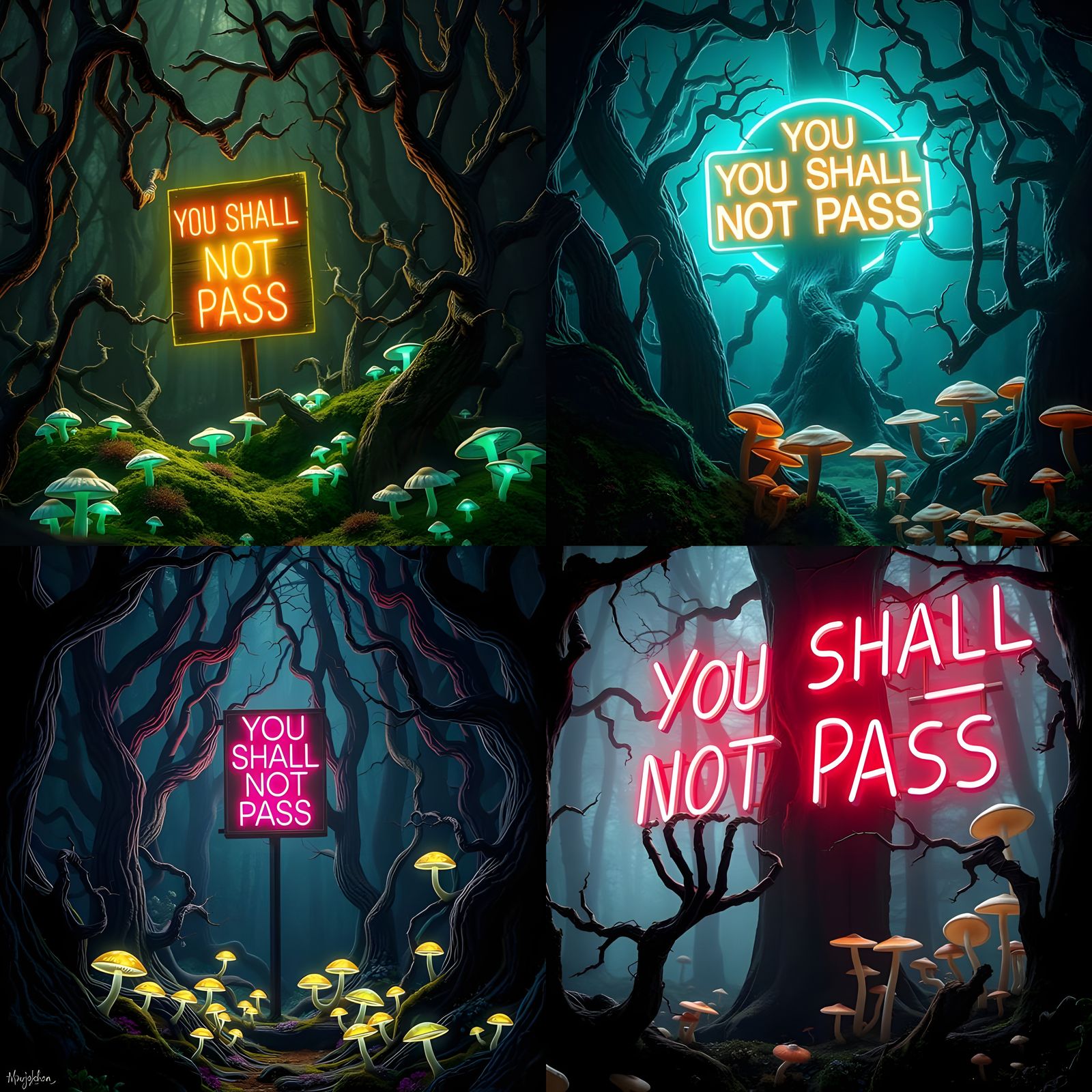 Glowing Neon Sign Amidst Haunted Whimsical Wonderland