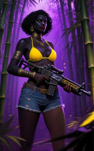Modern Barbarian Woman with Machine Gun in Bamboo Forest