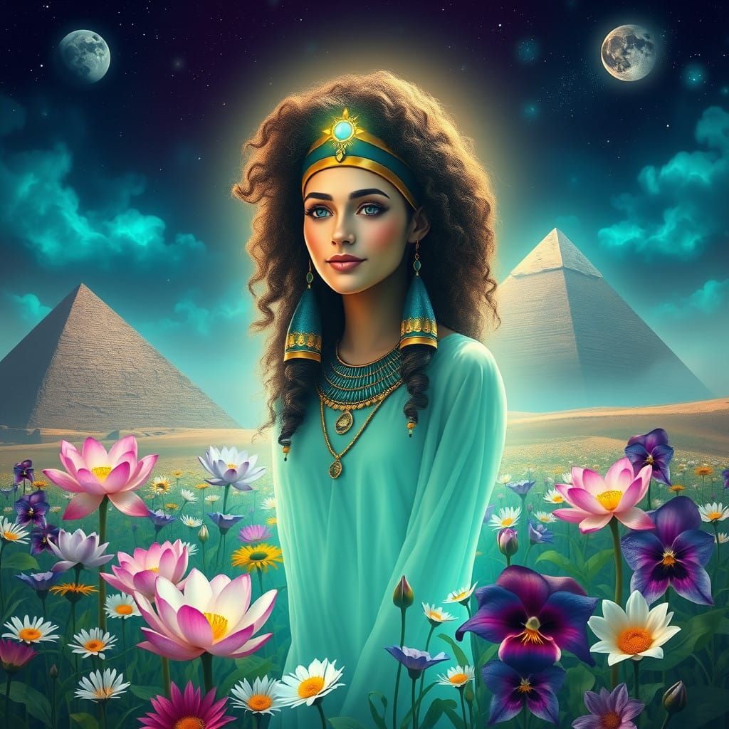 Serene Atlantean Princess in Vibrant Meadow with Ancient Maj...