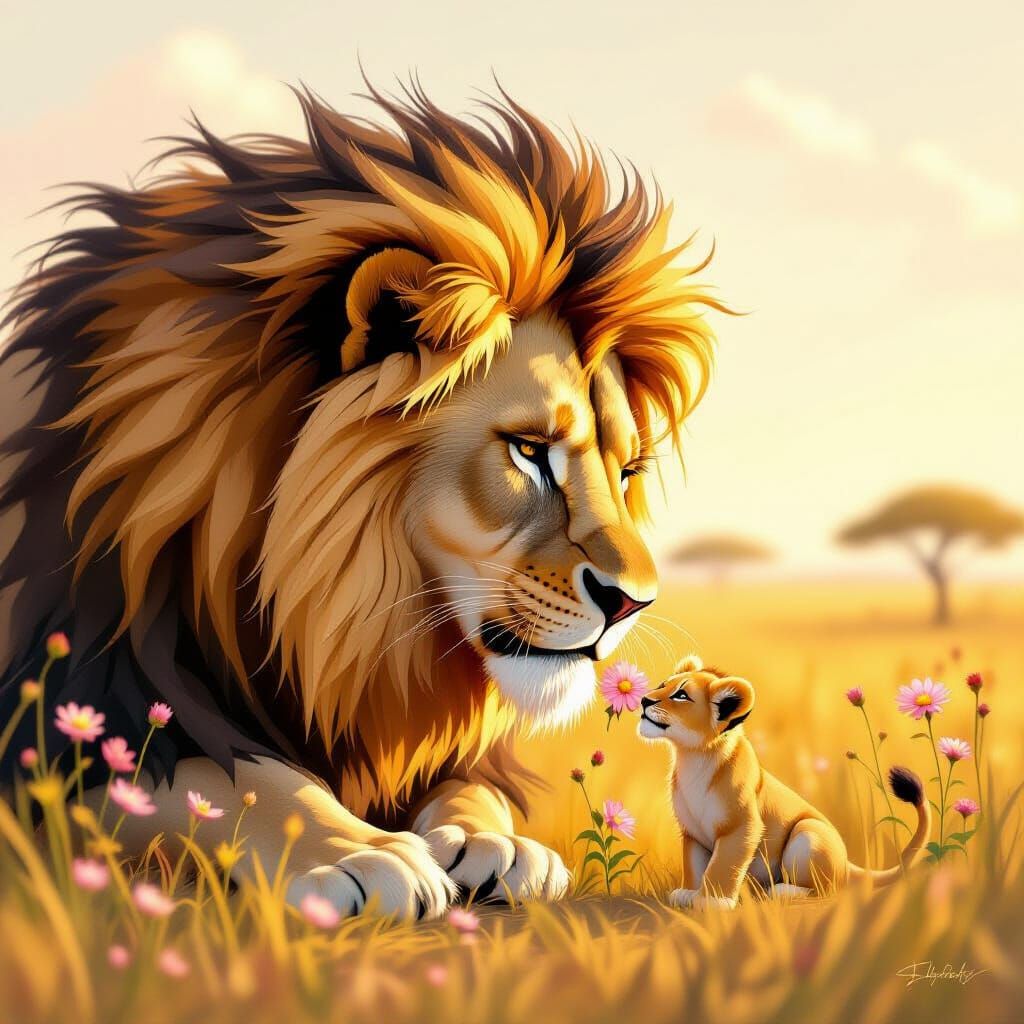 Giant Lion Gently Smells Delicate Flower on Savannah