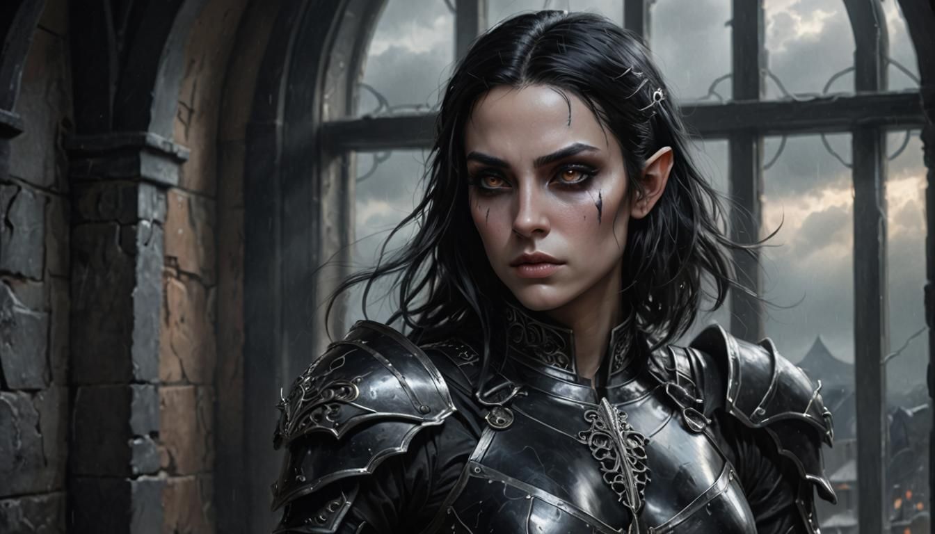 Dark Elf Woman in Black Armor: Anime-Inspired Art