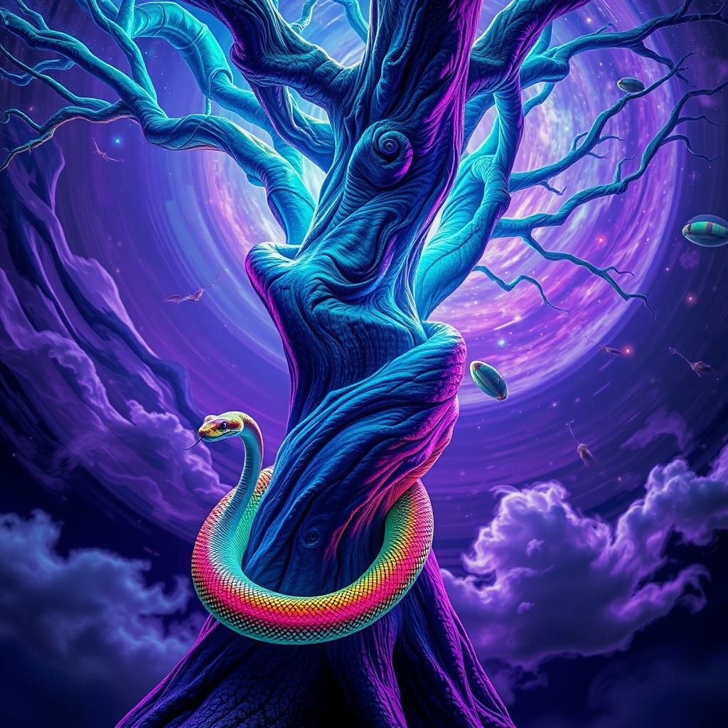 Ethereal Snake Descends Gnarled, Neon Tree