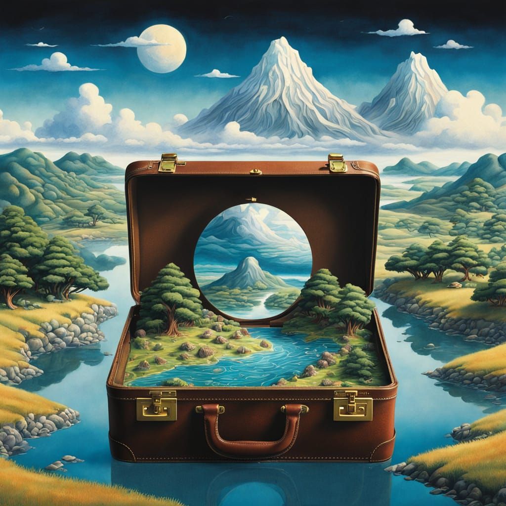 Surreal Briefcase Unfolds into Dreamlike Landscape