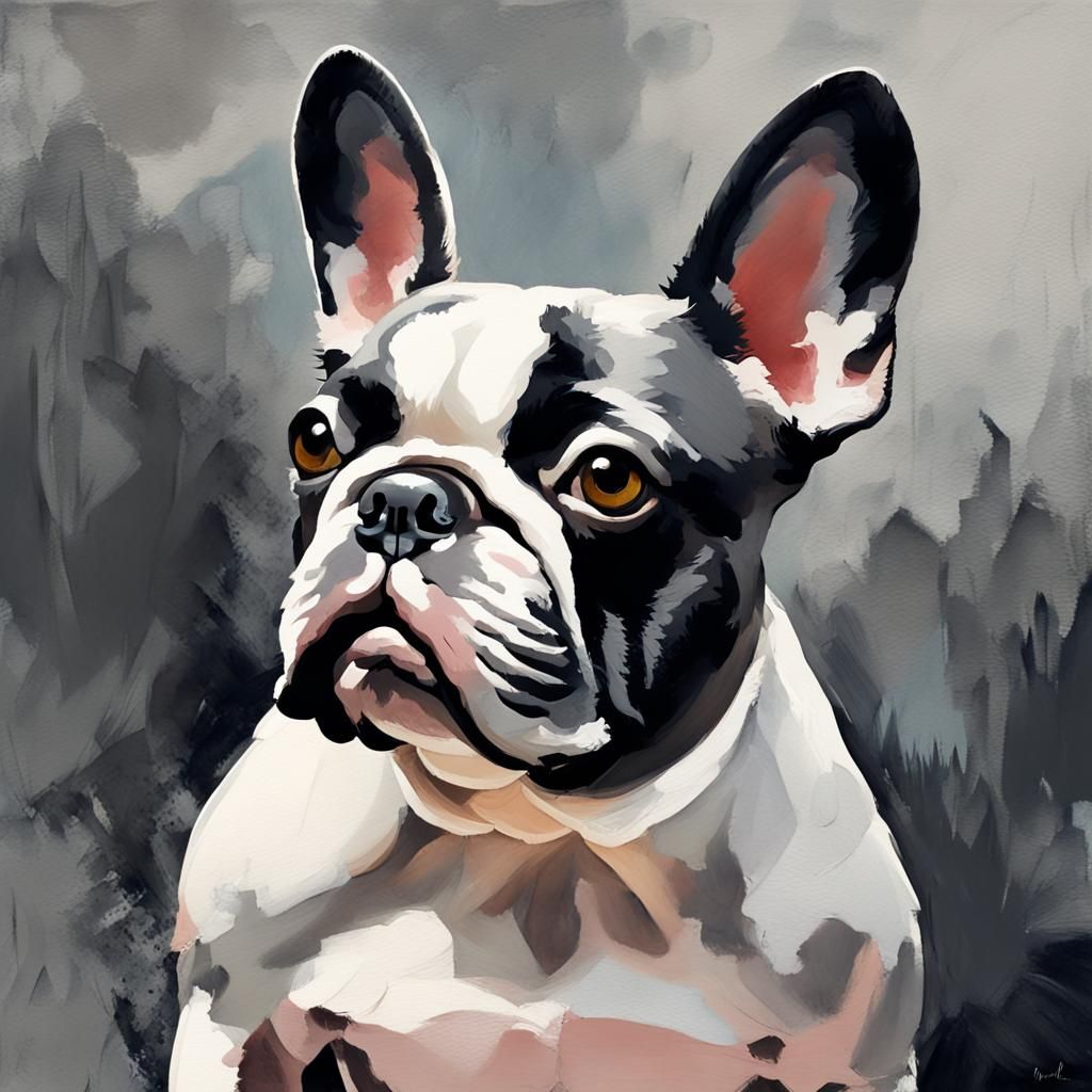 Grey and White French Bulldog in Gouache Style