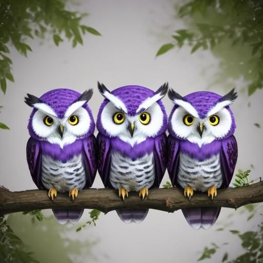 Purple Owl Punk Trio on a Branch