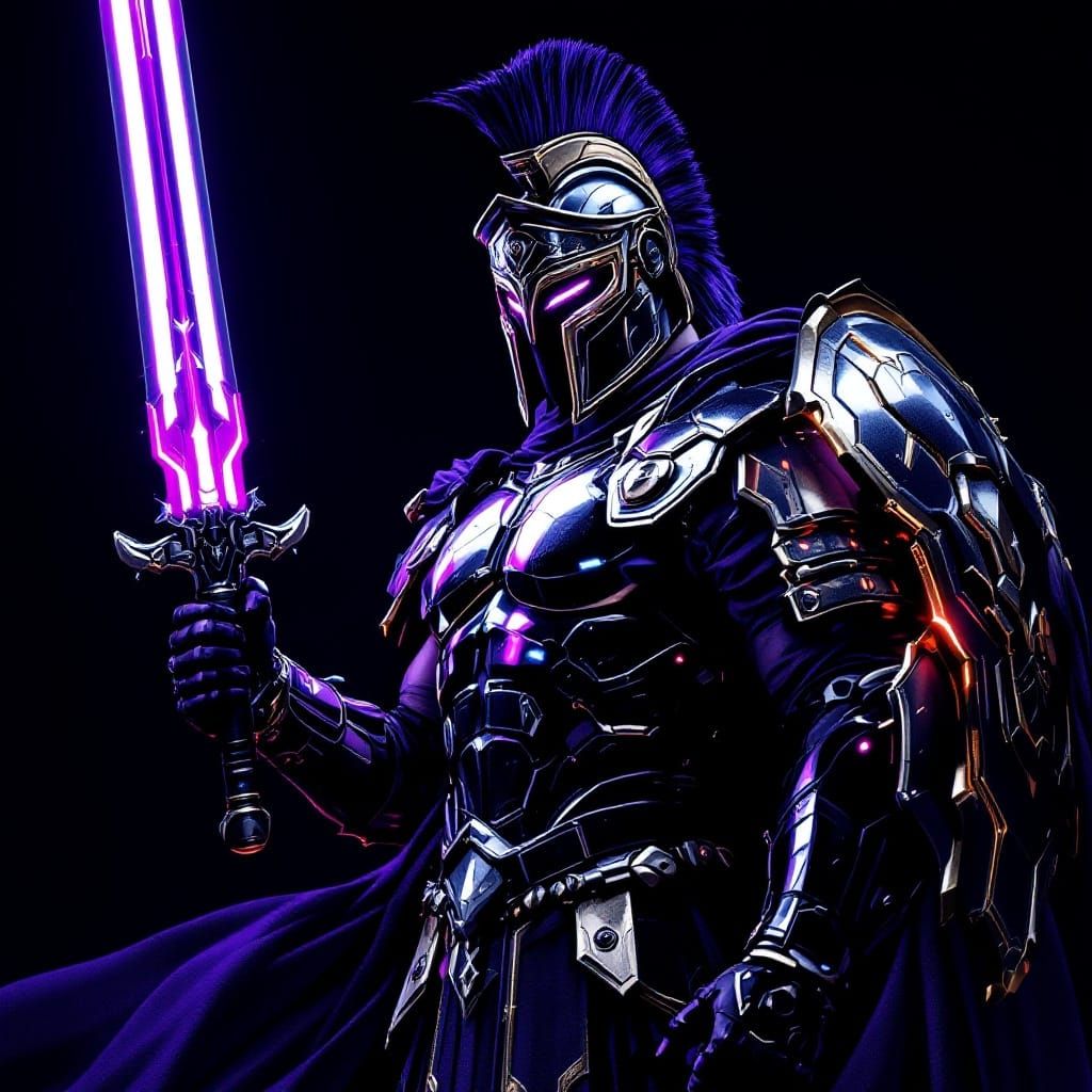 [Roman centurion] reimagined as a Cyber  Legend, merging ancient warrior aesthetics with futuristic technology. Emphasiz...