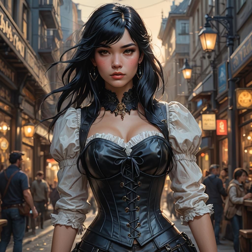 Detailed Portrait of Woman with Corset in Art Nouveau Style