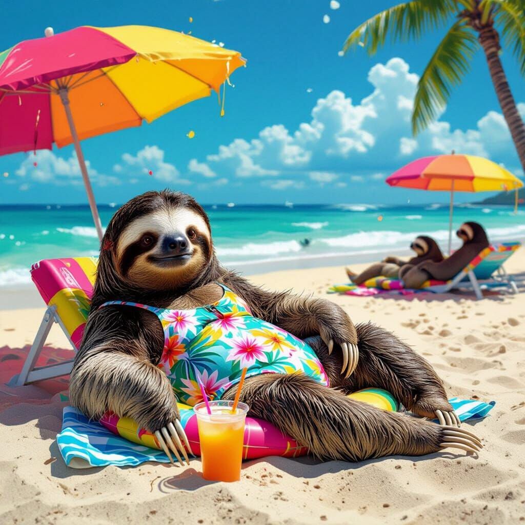 Sloth Lounges on Beach Toy in Hawaiian Bathing Suit