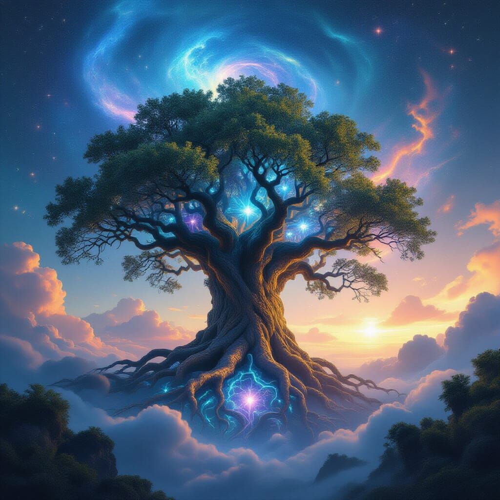 Ancient Cosmic Tree in Holographic Nebula