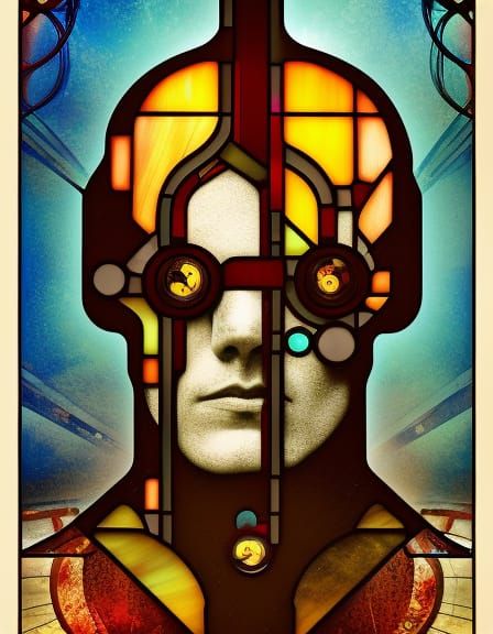 Cyberpunk Man: Bauhaus Poster with Steampunk Engine