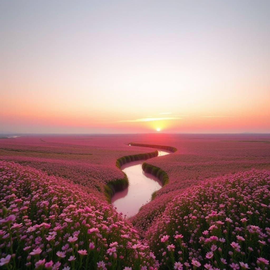 Pink Sunset Over a Field of Flowers