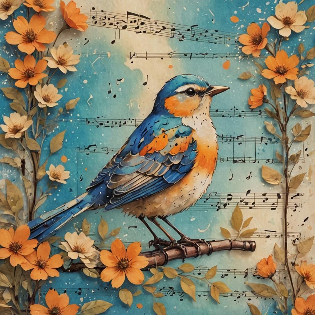 Whimsical Bird in Mixed Media Collage with Musical Elements