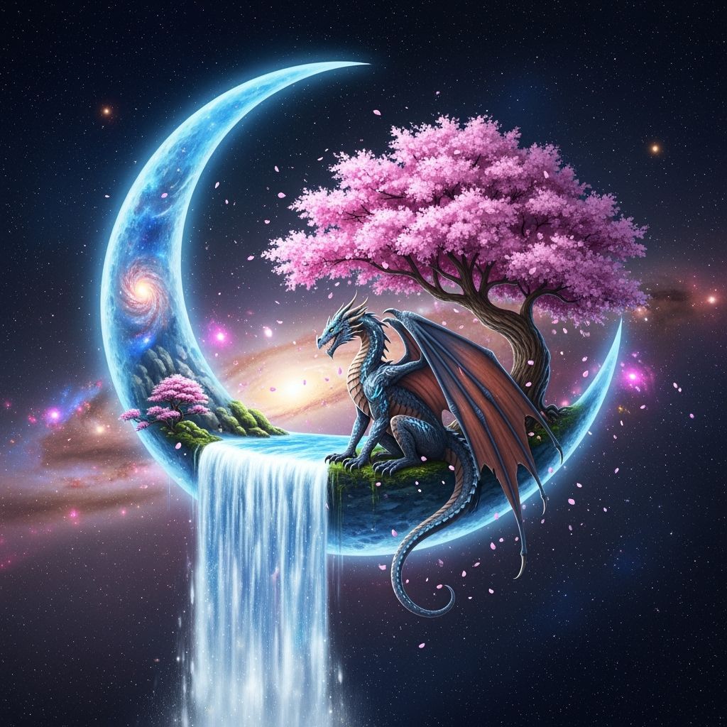 Majestic Dragon Beneath Crescent Moon Waterfall