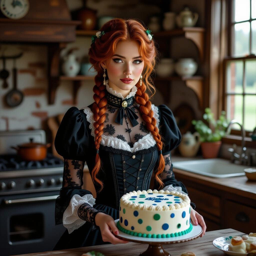 Gorgeous Victorian Woman Presents Polka Dot Birthday Cake