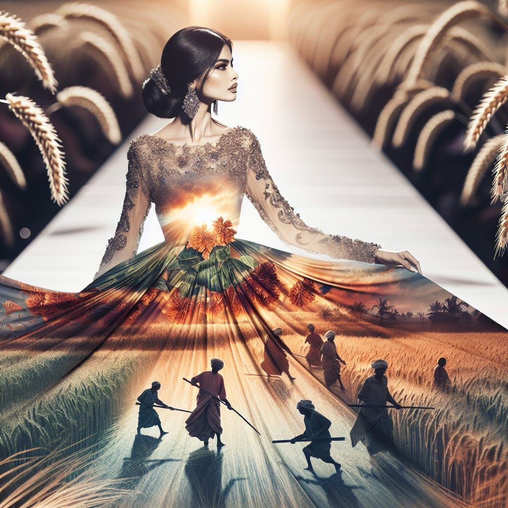 Model in Double Exposure Dress on Runway