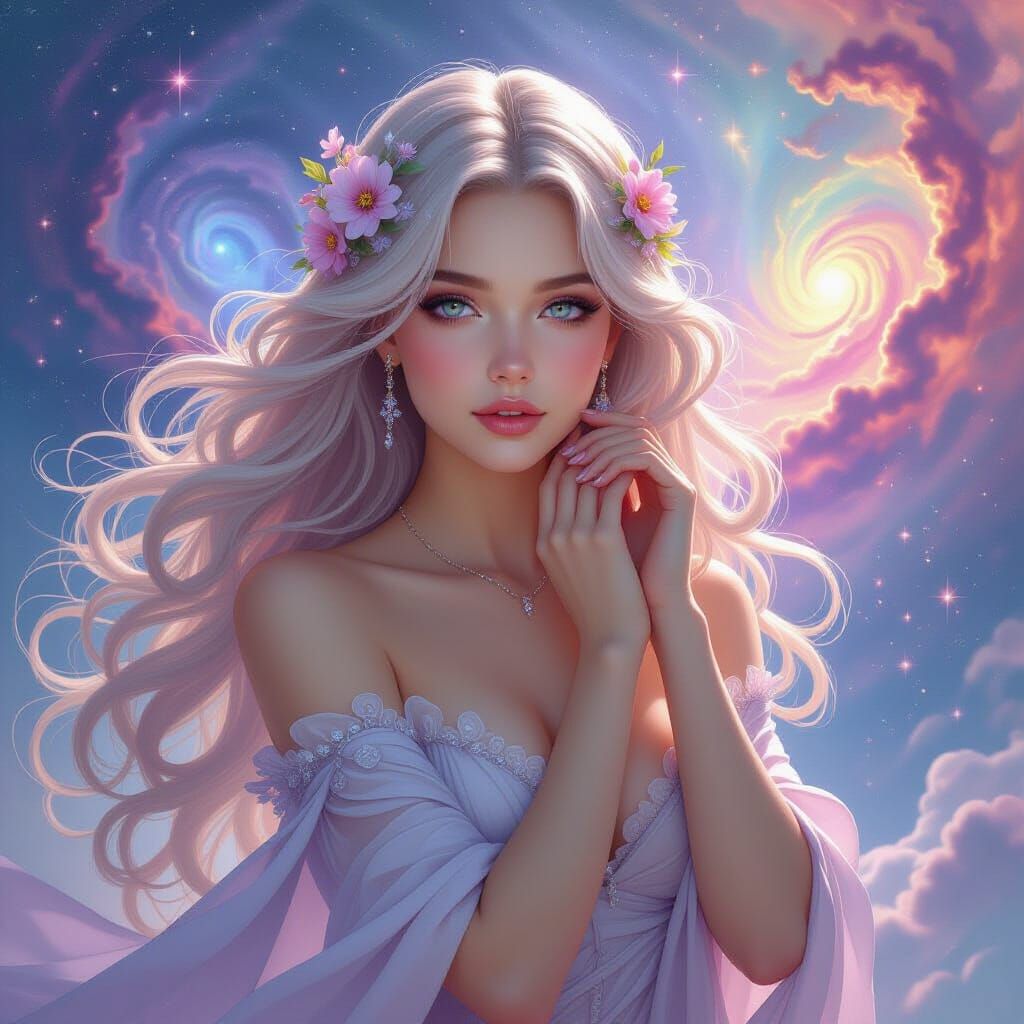 Ethereal Goddess with Iridescent Hair and Stardust