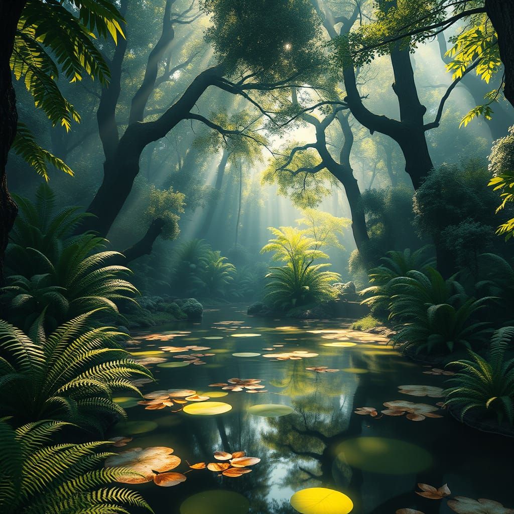 Serene Forest Oasis in Vibrant Greens and Blues