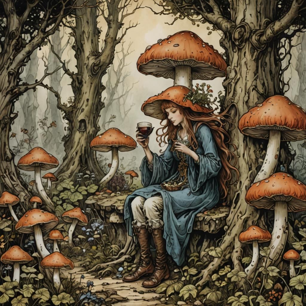 Enchanting Ancient Mushroom Elixir in Fairytale Style