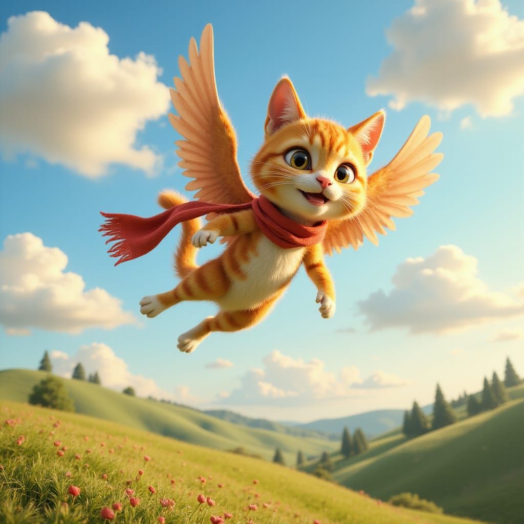 Winged Cat's Whimsical Flight Above Farmland