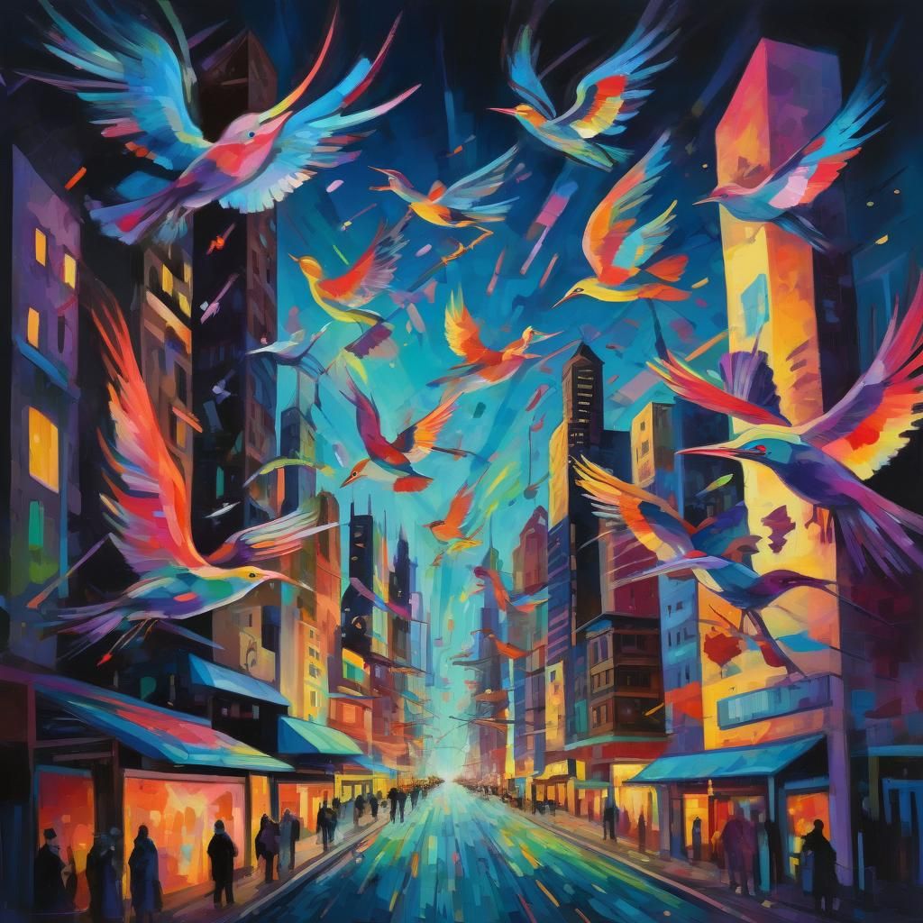 Fluorescent Birds Over City, in Kandinsky Style