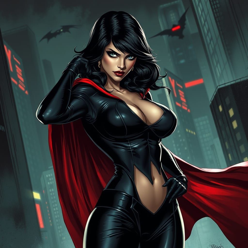 Seductive Dark Fantasy Superheroine in a Futuristic Cityscap...