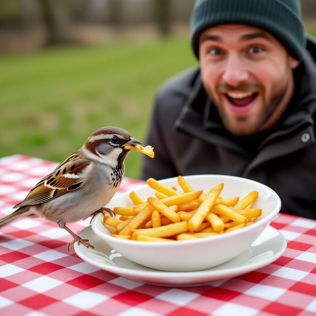 Sparrow Steals Fries from Surprised Picnicker