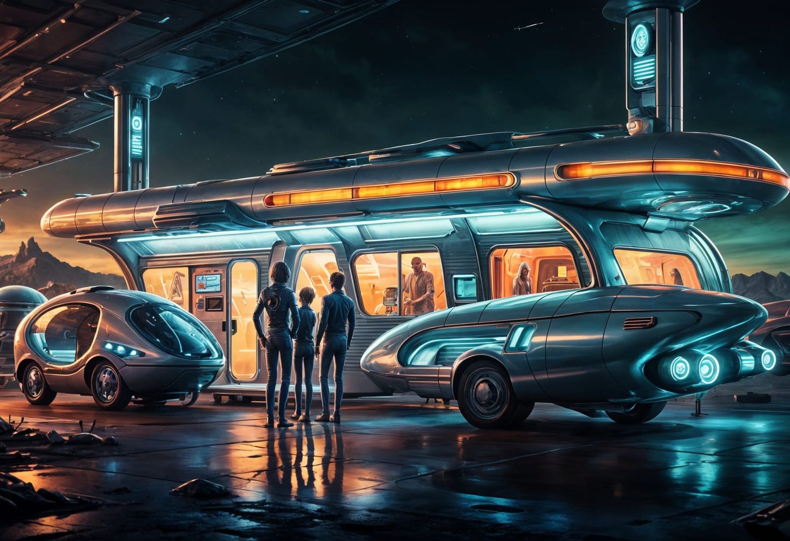 Futuristic Alien Family Road Trip at Gas Station