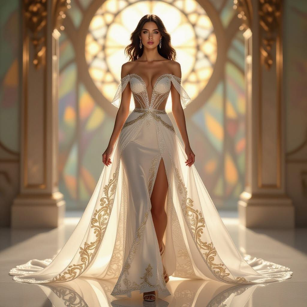 Ethereal Glass Gown with Gold Filigree and Prismatic Colors