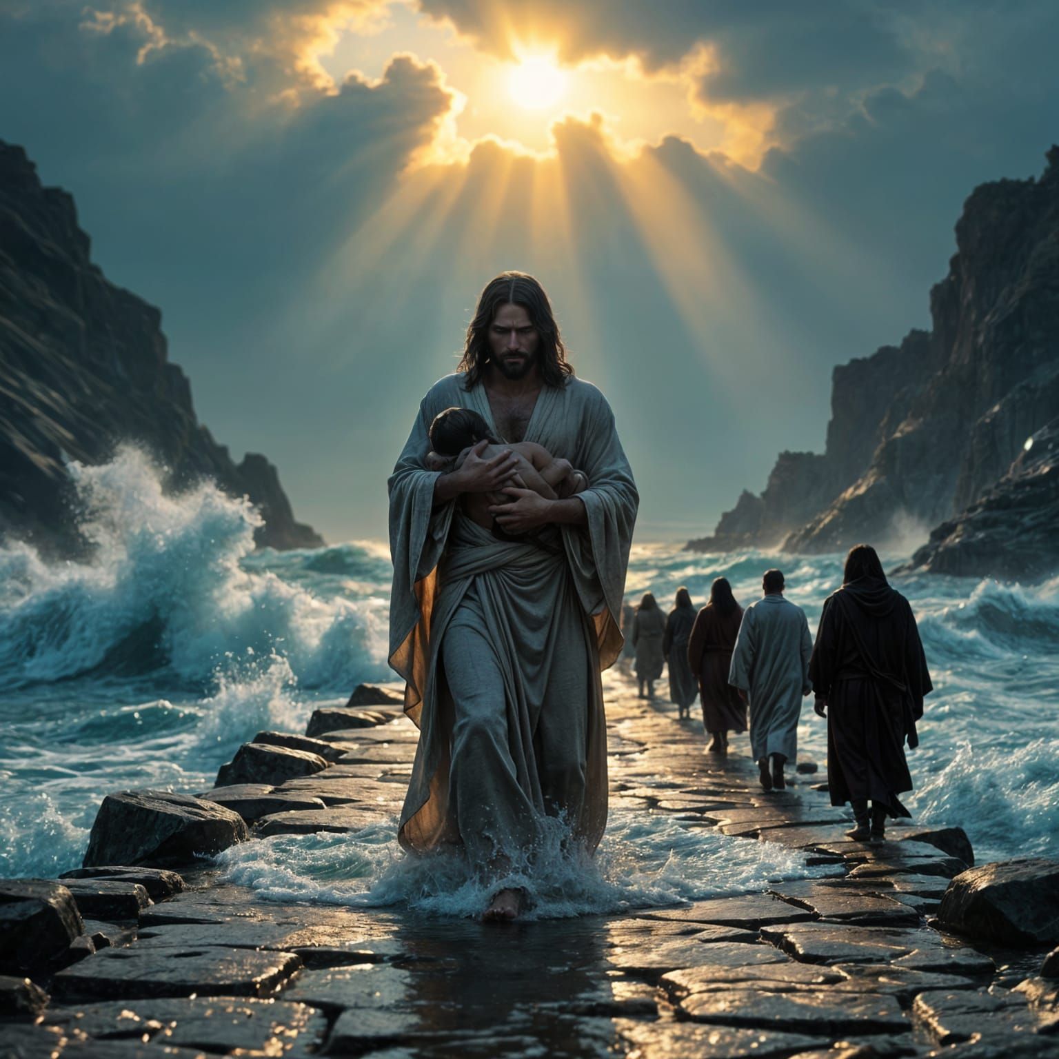 Jesus Calms Red Sea, Holding Demon as Apostles Follow