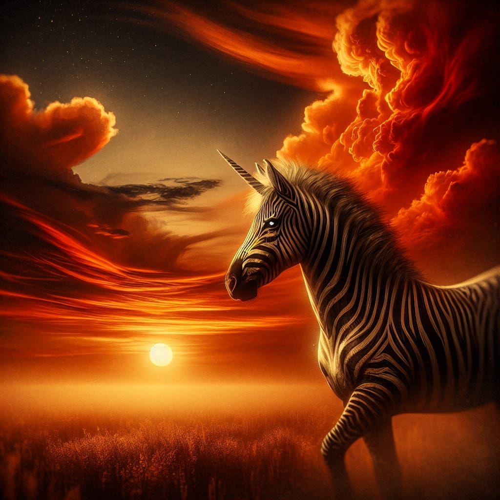 Zebra Striped Unicorn at Sunset: Digital Matte Painting