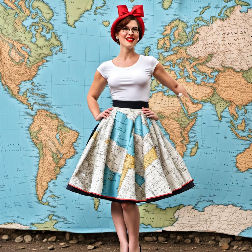 Retro Woman in Map-Print Circle Skirt