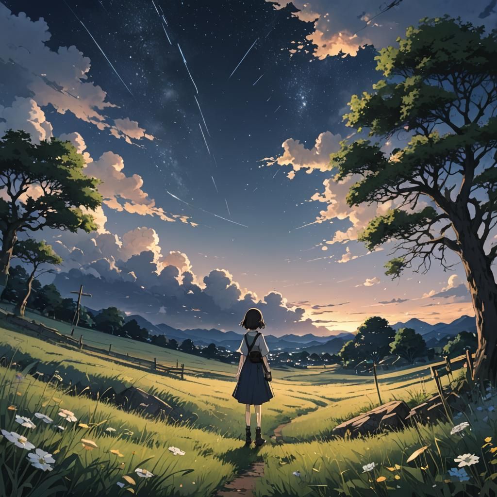 Cracked Sky Over Night Meadow in Anime Style