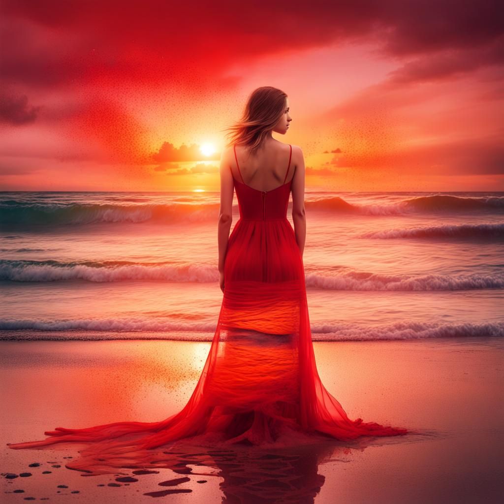 Hyperrealistic Double Exposure: Girl in Red Dress