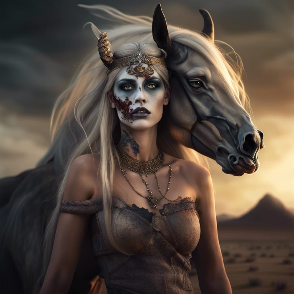Norse Goddess with Zombie Makeup in Desert Landscape