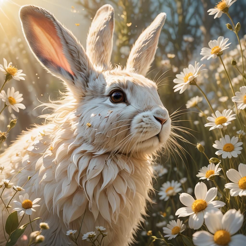 Whimsical Rabbit Breathes in Flower, Watercolor Style