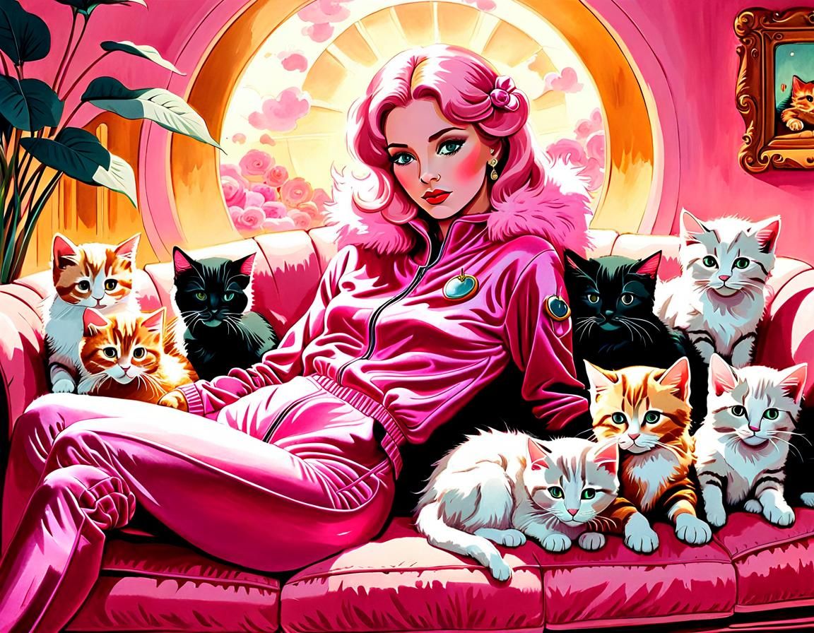 Enchantress Surrounded by Kittens in Post-Impressionist Styl...