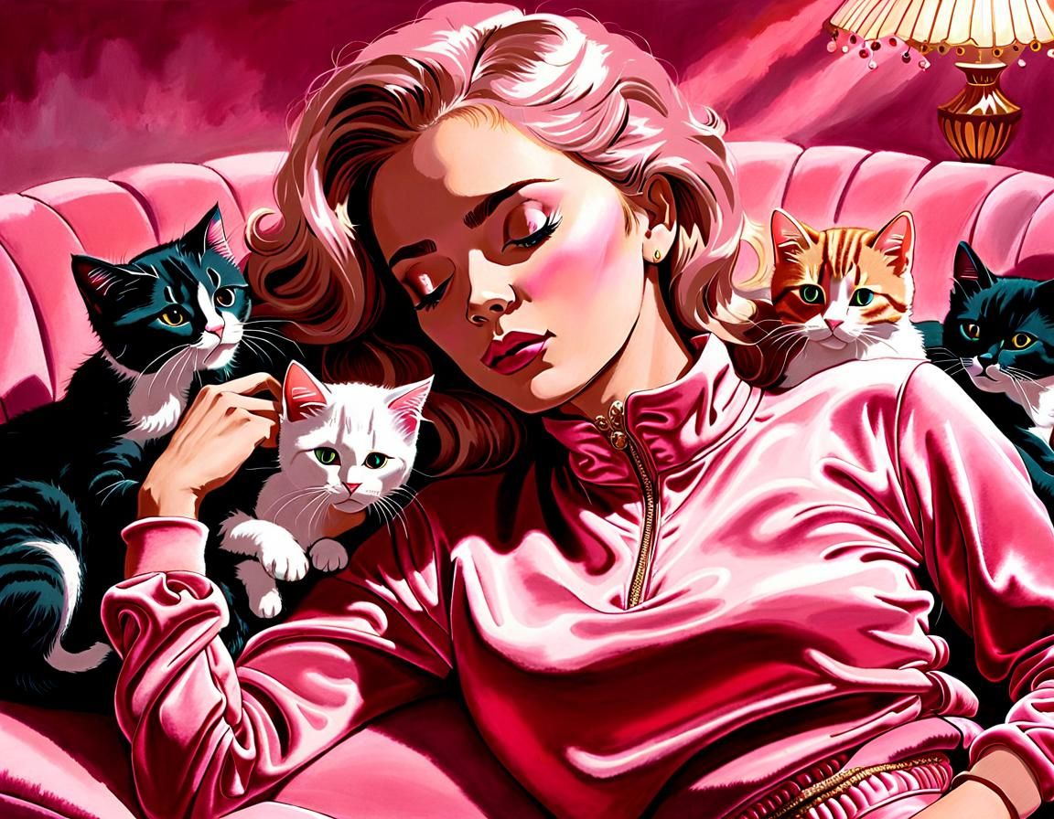 Woman Surrounded by Kittens in Post-Impressionist Style